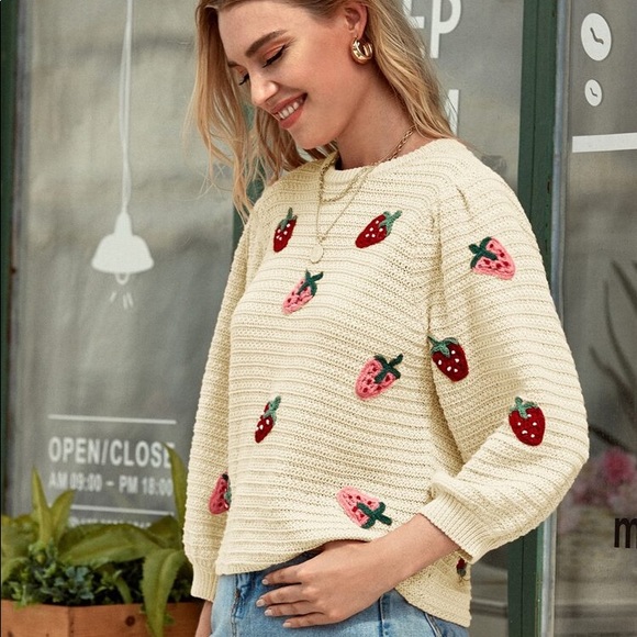 SOLD - Cream Strawberry Sweater - Picture 3 of 5